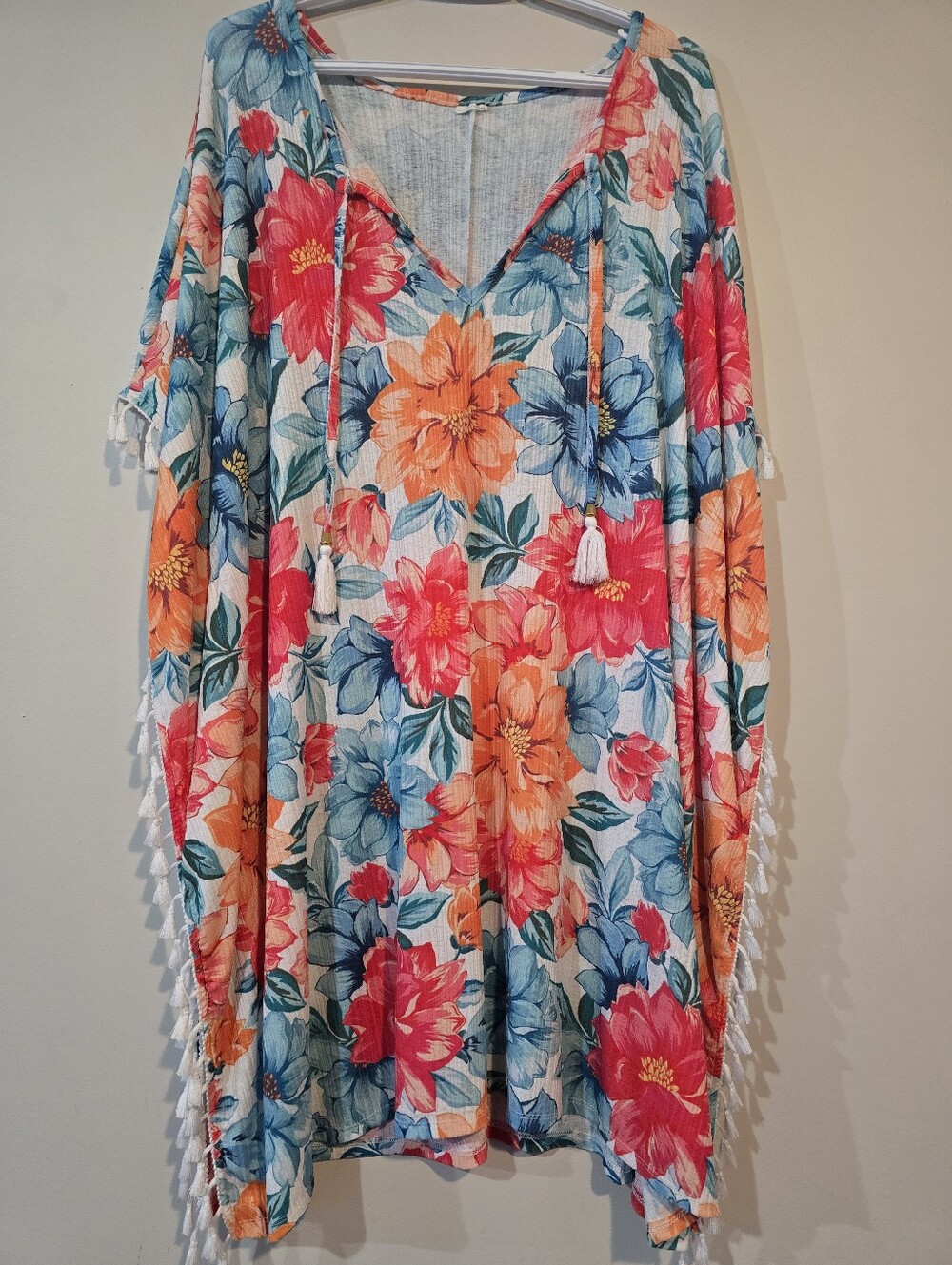 Ladies Floral Tassel 2X Beach Cover-Up - Vibrant Coral, Blue & Orange